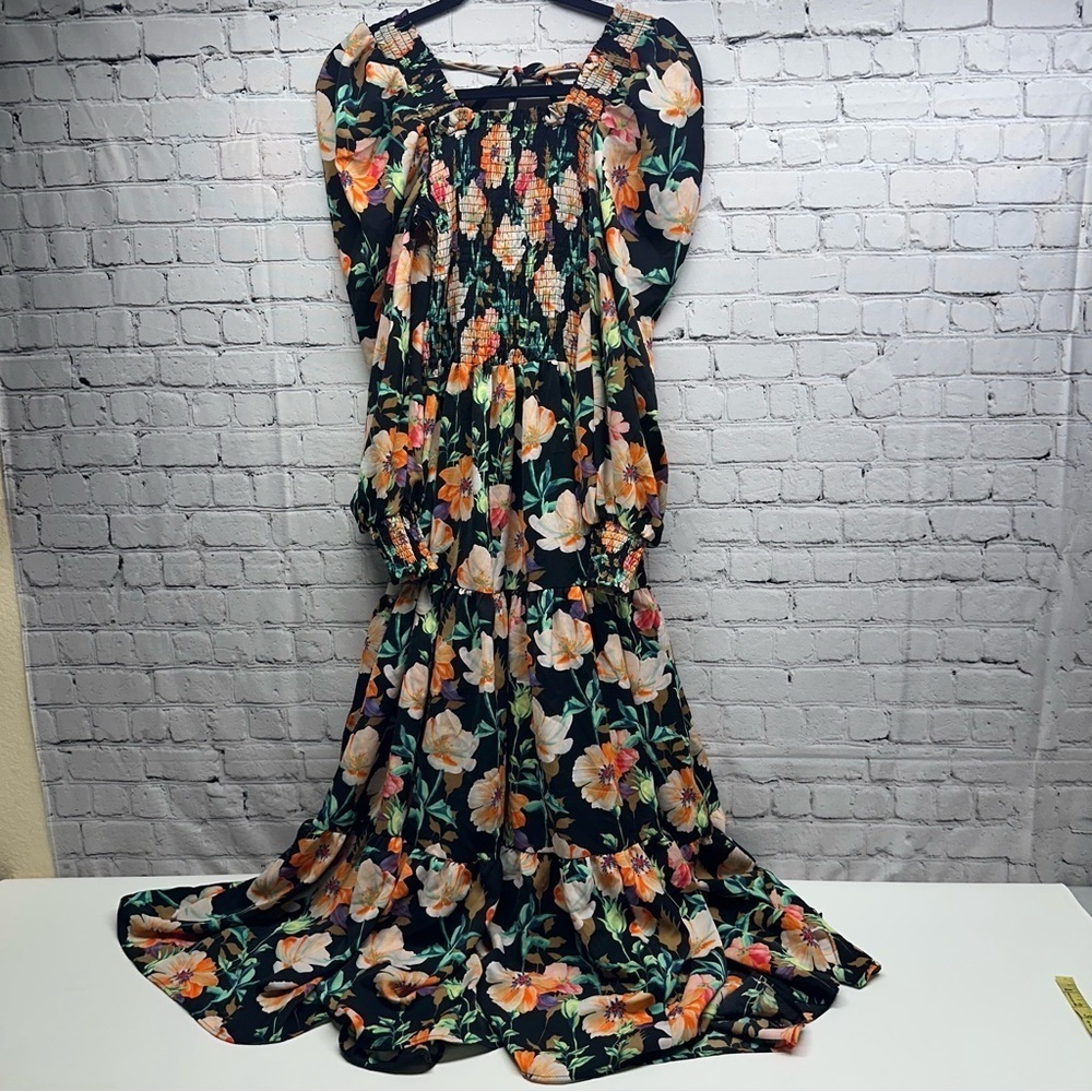 Beulah Black Maxi Dress with Floral Design long balloons sleeves size s NWT